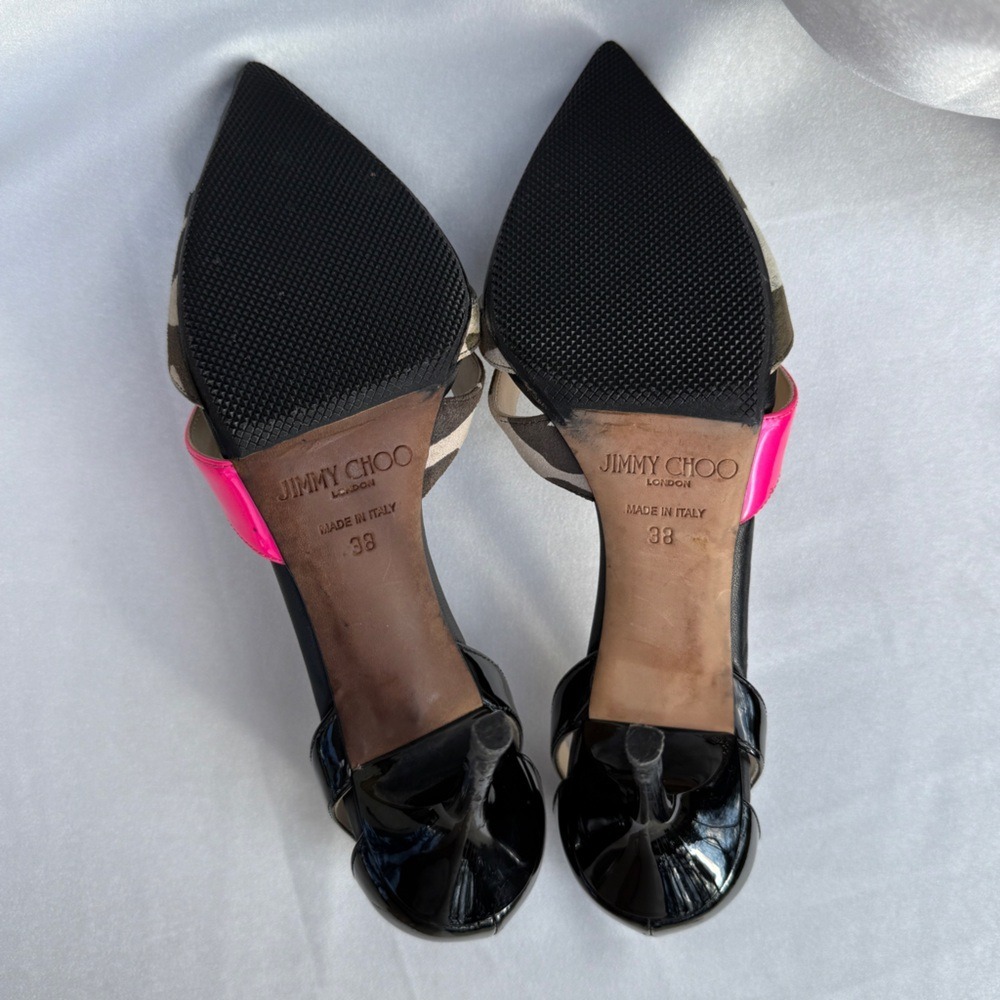 Jimmy Choo Patent Leather Printed D'Orsay Pumps Suede Camo Print Band Size 38 - Picture 5 of 13